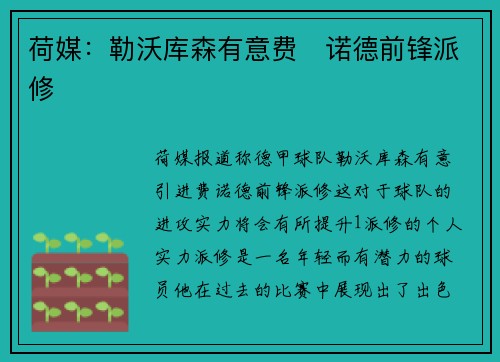 荷媒：勒沃库森有意费�诺德前锋派修
